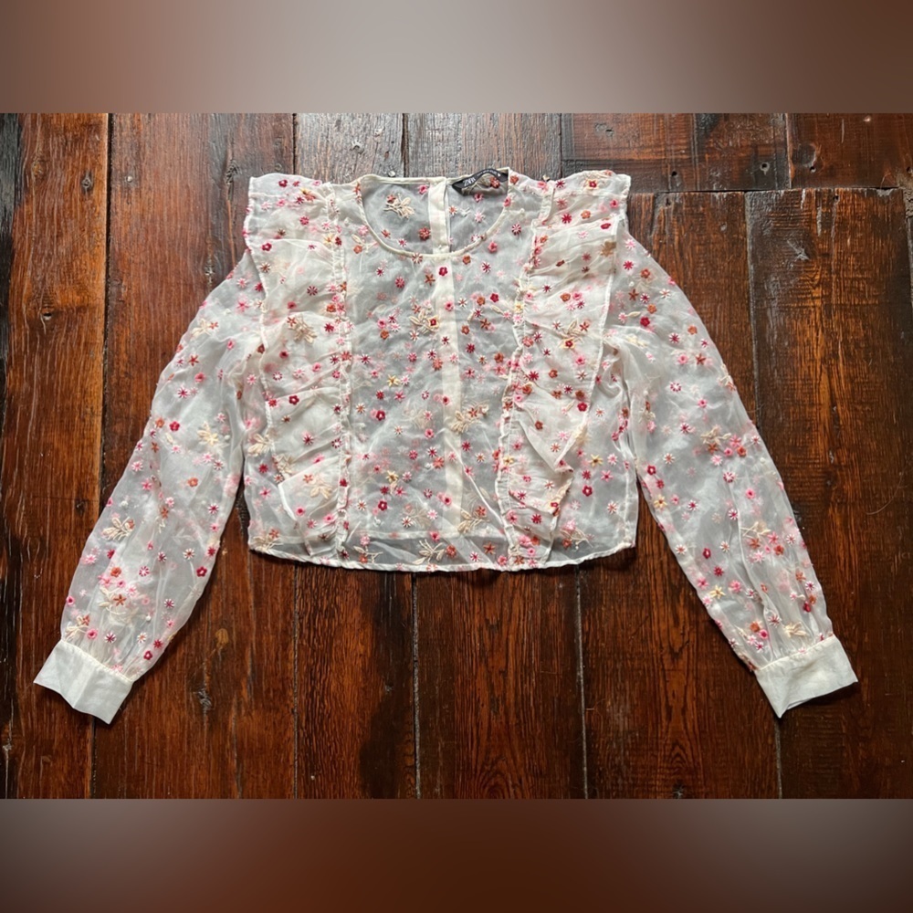 Zara organza sheer long sleeved floral cropped blouse women’s size small - Picture 3 of 9